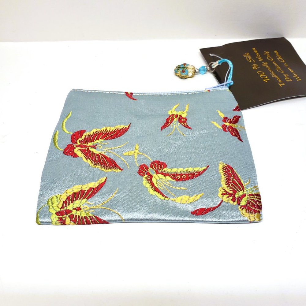 Palace Living 100% Silk Cosmetic Bag Make Up Coin Pouch Blue Woven Butterfly New